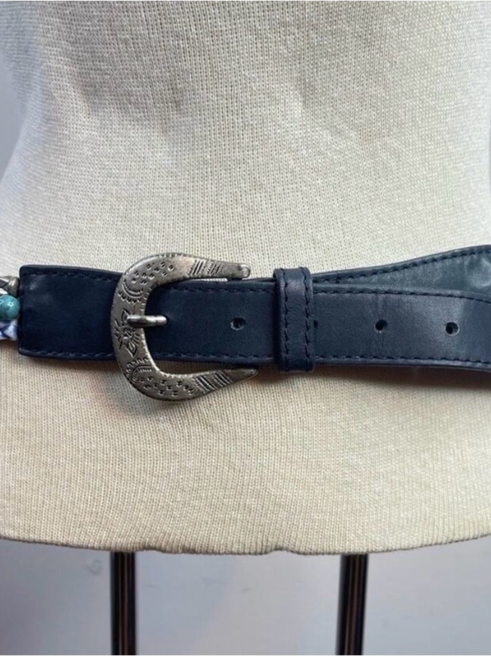 Vintage 90s Y2K Limited Blue Beaded Leather Coastal Boho Festival Beachy Belt S